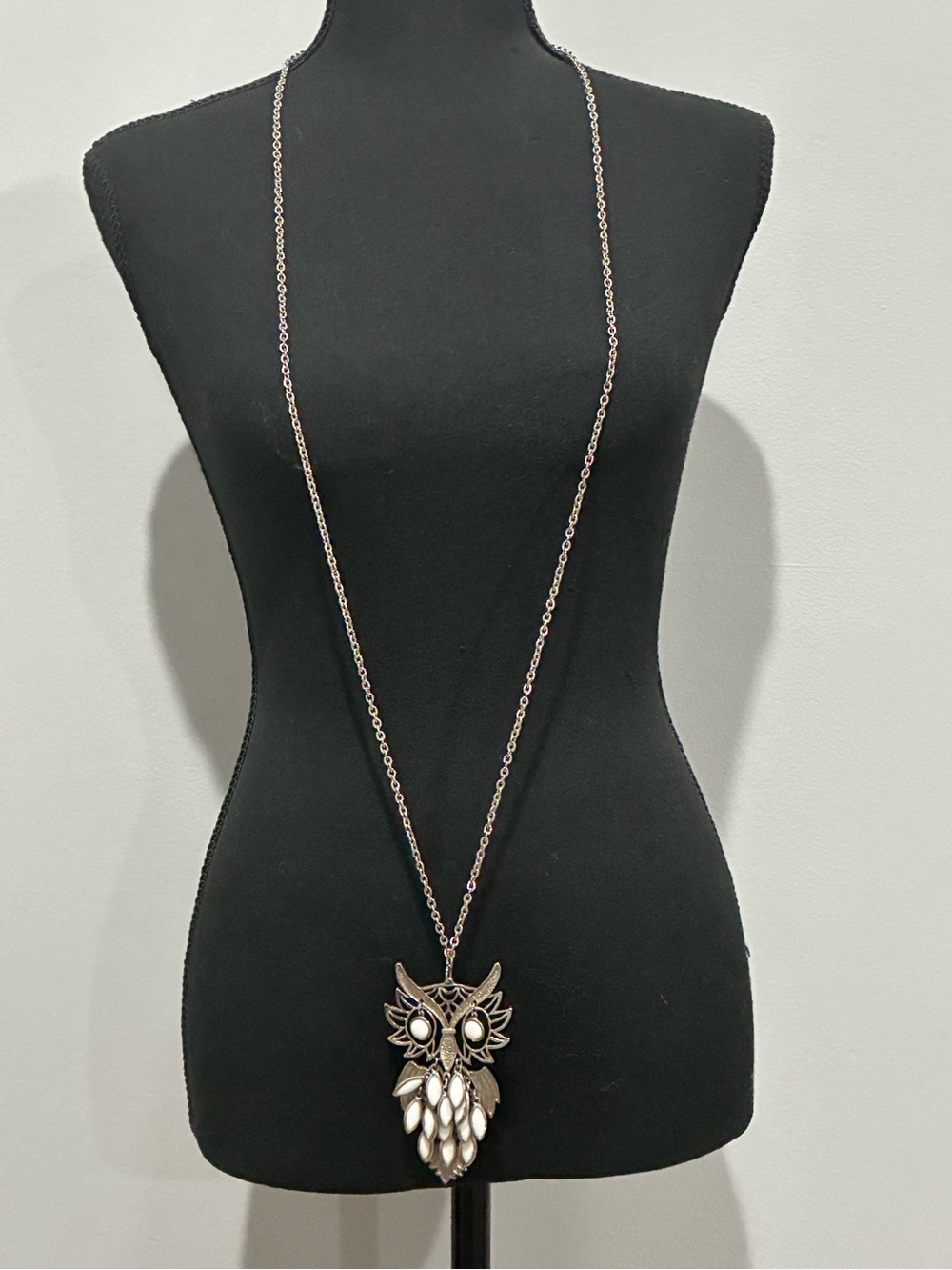 Owl Pendant Long Necklace - Silver and White
